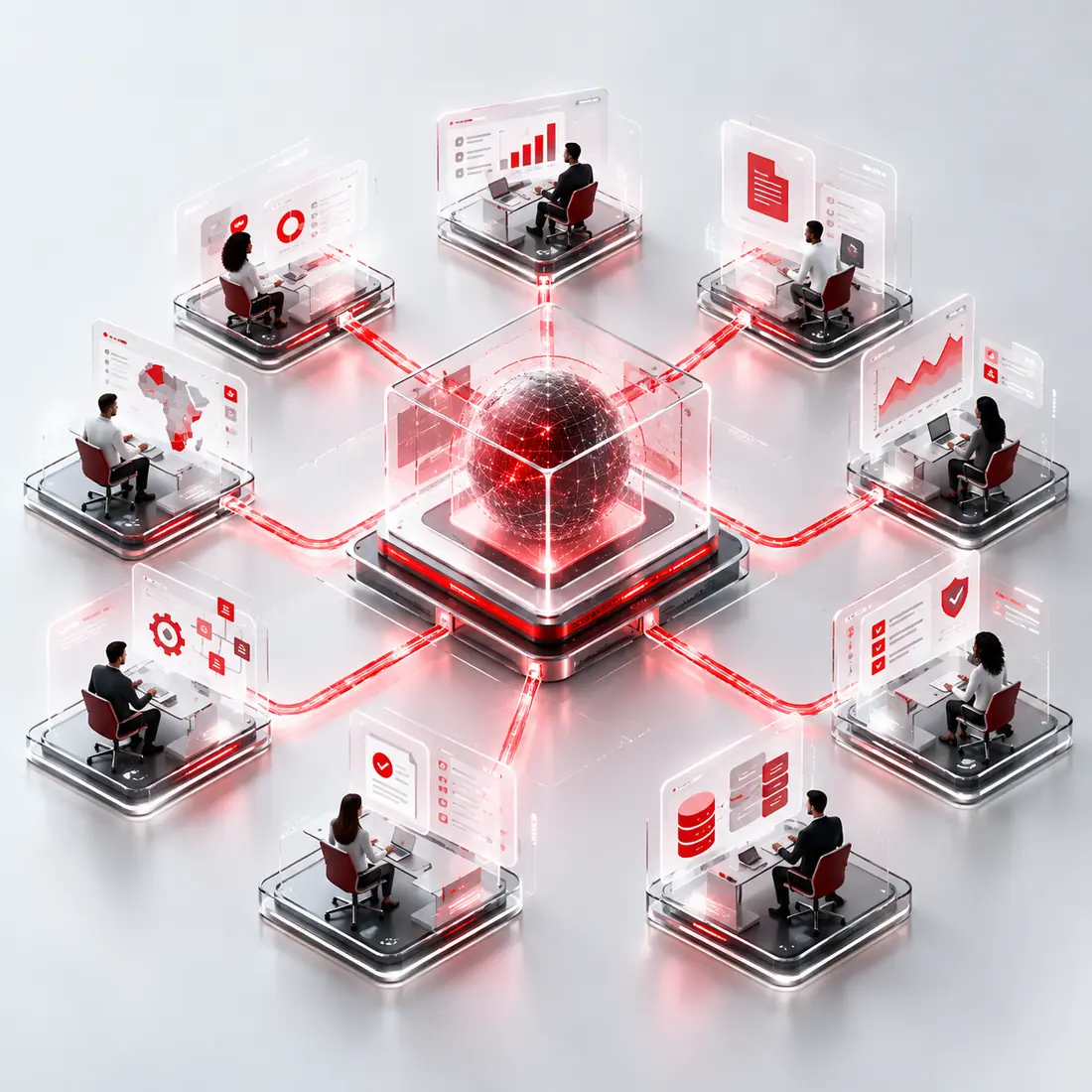 Nine workstations, one per specialised agent, linked to a central orchestration core